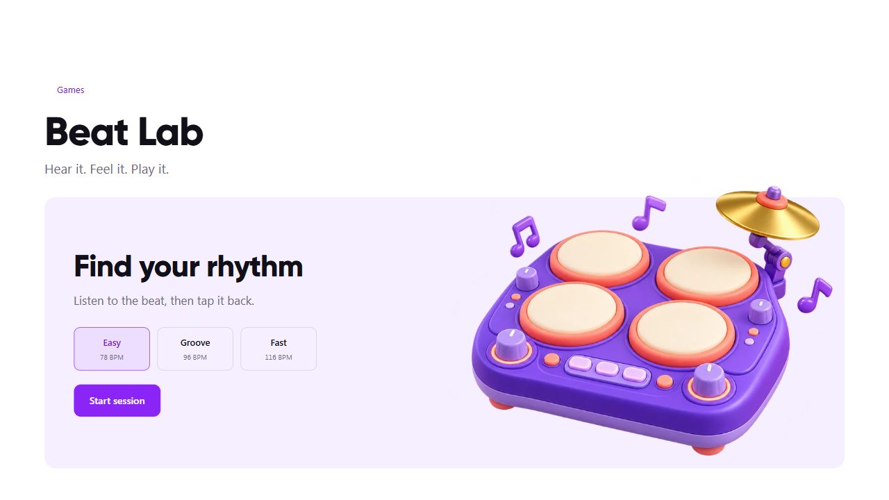 The Beat Lab start screen with Easy, Groove and Fast tempo choices and rhythm pads