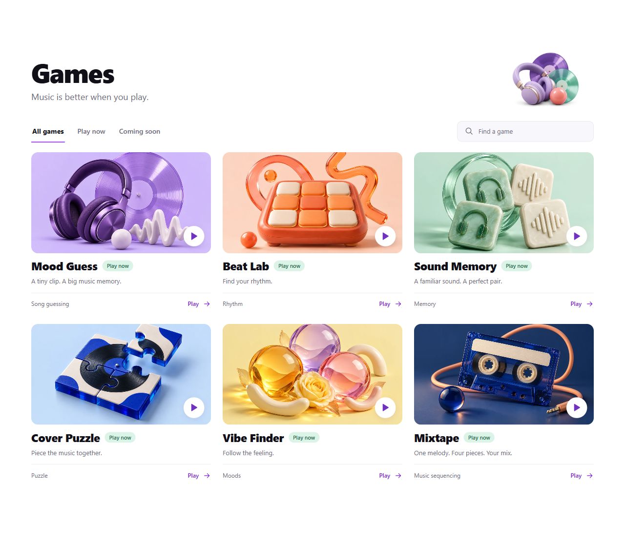 The MoodTrue Games library with Mood Guess, Beat Lab, Sound Memory, Cover Puzzle, Vibe Finder and Mixtape
