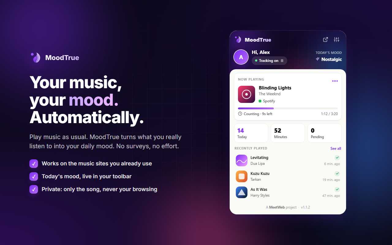 The MoodTrue Chrome extension promotional screen showing the current track, listening timer and daily totals