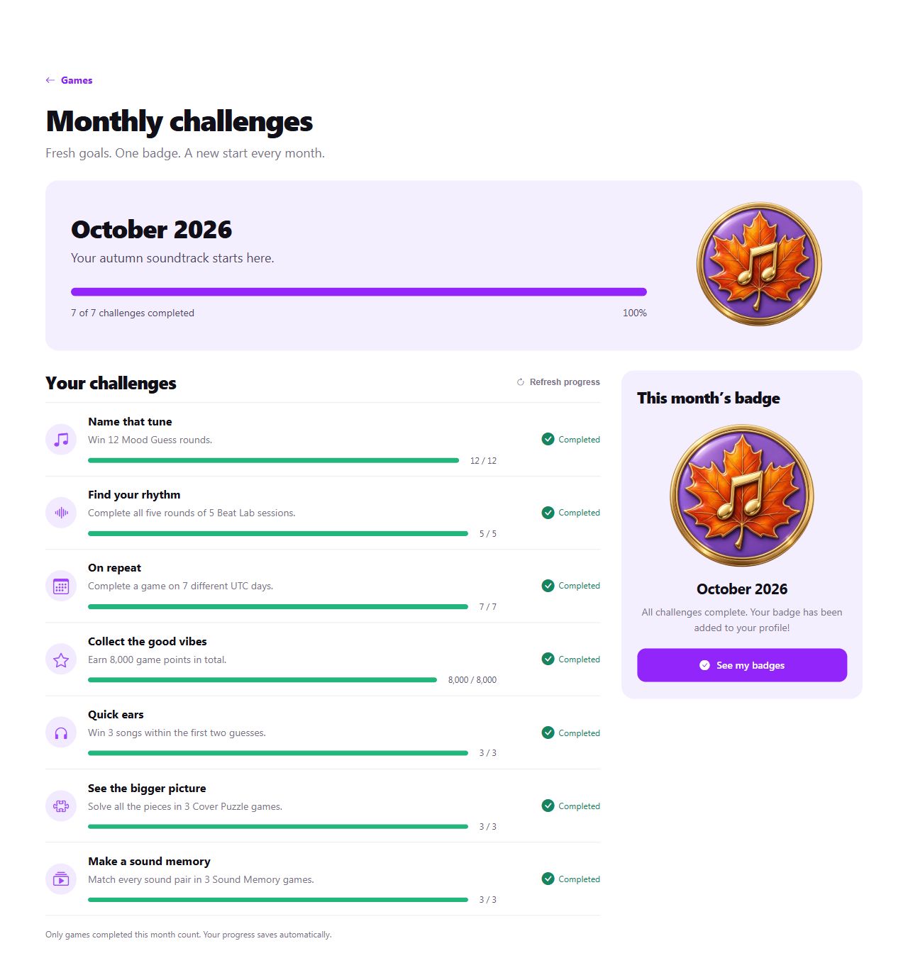 October 2026 monthly game challenges with progress bars and an autumn-themed profile badge