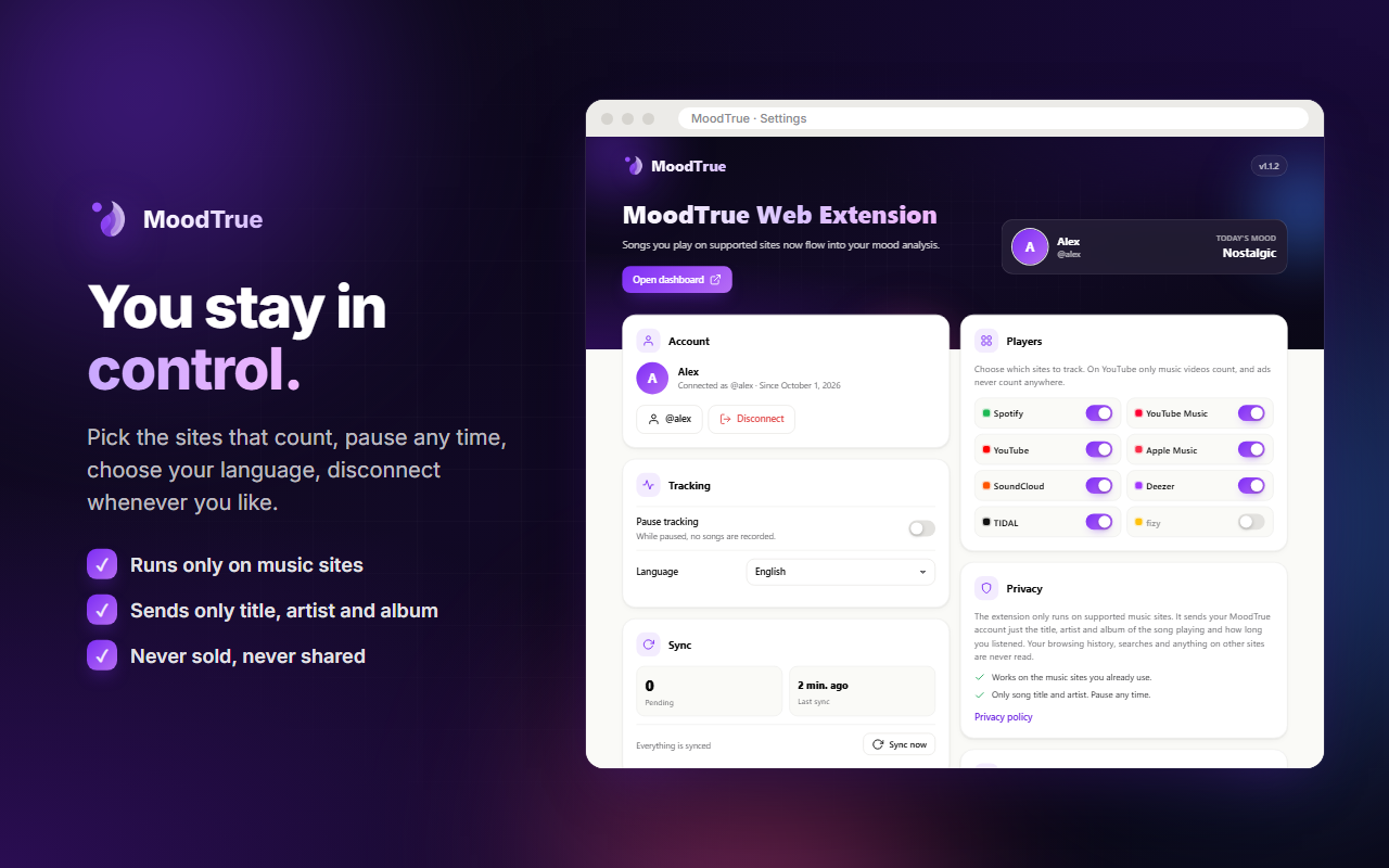 MoodTrue extension settings for pausing tracking and managing supported music sites individually